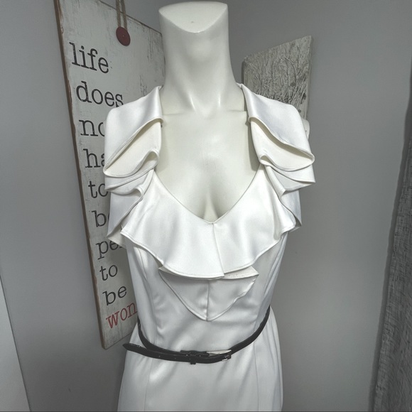 Evan Picone dress ivory satin ruffle with side zipper and belt - Picture 2 of 9